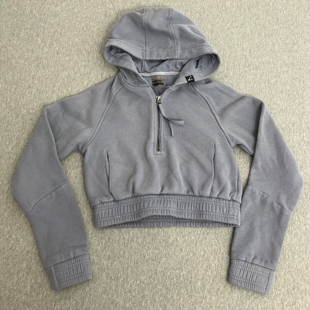 Gymshark Cropped 1/4 Zip Gathered Hooded Pullover | Steel Blue/Grey | Size XS